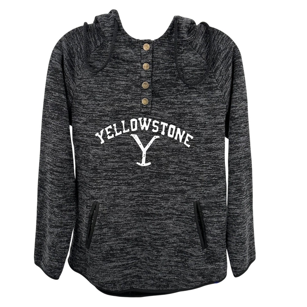 Yellowstone Womens XS S TV Show Graphic Henley Hoodie Charcoal Grey Space Dye